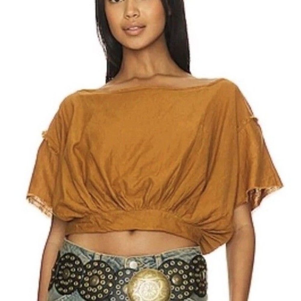 We The Free Bubble Crop Top Linen Blend Boho Hippy Raw Seams Festival Sz Large